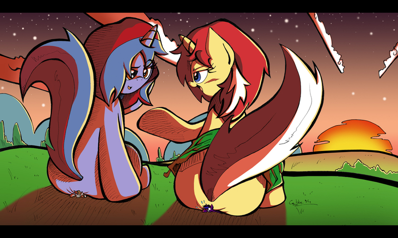 Size: 1498x897 | Tagged: suggestive, artist:labba94, derpibooru import, oc, oc:midnight eclipse, oc:starlight dazzle, unofficial characters only, pony, unicorn, butt crush, crush fetish, crushing, giant pony, giantess, macro, micro, sunset