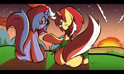 Size: 1498x897 | Tagged: suggestive, artist:labba94, derpibooru import, oc, oc:midnight eclipse, oc:starlight dazzle, unofficial characters only, pony, unicorn, butt crush, crush fetish, crushing, giant pony, giantess, macro, micro, sunset