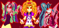 Size: 3072x1463 | Tagged: safe, artist:pixsoda, derpibooru import, adagio dazzle, aria blaze, sonata dusk, equestria girls, rainbow rocks, clothes, eared humanization, evil grin, fangs, fin wings, fingerless gloves, gloves, grin, ponied up, red eyes, sleeveless, the dazzlings, translation, winged humanization