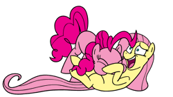 Size: 1615x902 | Tagged: safe, artist:thex-plotion, derpibooru import, edit, fluttershy, pinkie pie, earth pony, pony, animated, blank flank, cute, daaaaaaaaaaaw, diapinkes, endless loop, eyes closed, female, flailing, hnnng, hoofy-kicks, i dont even, loop, mare, on back, open mouth, pinkie being pinkie, puffy cheeks, raspberry, shyabetes, simple background, smiling, tickling, tongue out, tummy buzz, underhoof, vibrating, weapons-grade cute, white background, wide eyes, wingless