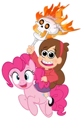 Size: 800x1193 | Tagged: artist:pixelkitties, crossover, derpibooru import, fire, gravity falls, human, humans riding ponies, mabel pines, pinkie pie, safe, simple background, skull, transparent background