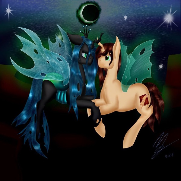 Size: 960x960 | Tagged: safe, artist:nightmarederpy, derpibooru import, queen chrysalis, oc, oc:poisoned soul, canon x oc, changelingified, chrysalislover