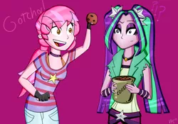 Size: 1024x717 | Tagged: safe, artist:pixsoda, derpibooru import, aria blaze, oc, equestria girls, confused, cookie, cookie jar