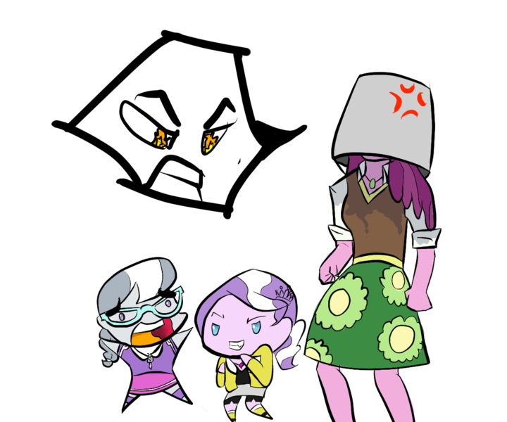 Size: 1200x1000 | Tagged: artist needed, safe, derpibooru import, cheerilee, diamond tiara, silver spoon, equestria girls, angry, bucket, cheerilee is unamused, chibi, headbucket, prank, simple background, this will end in detention, transparent background, wet