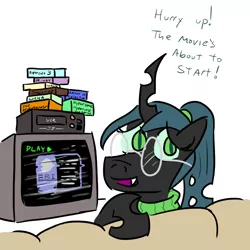 Size: 800x800 | Tagged: adorkable, artist:jargon scott, changeling, changeling queen, couch, cute, cutealis, dork, dorkalis, fbi, female, hyperspace hyperwars, nymph, queen chrysalis, safe, simple background, solo, television, vcr, vhs, white background