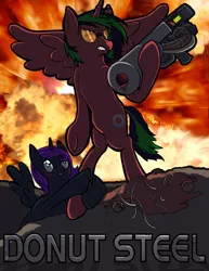 Size: 786x1017 | Tagged: safe, artist:knadire, artist:knadow-the-hechidna, derpibooru import, oc, oc:donut steel, oc:nyx, unofficial characters only, alicorn, pony, alicorn oc, blushing, dat butt, donut steel, explosion, female, lip bite, male, mare, meatballs, meme, pasta, princess merry seu, silly filly studios, spaghetti, spaghetti cannon, spaghetti launcher, stallion, sunglasses, the adventures of donut steel