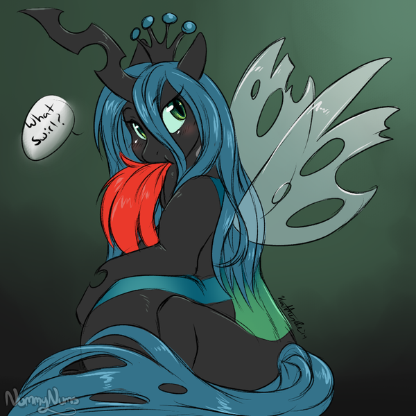 Size: 900x900 | Tagged: artist:nummynumz, avorable, belly, blatant lies, blushing, cute, cute vore, derpibooru import, fetish, looking at you, looking back, oc, queen chrysalis, questionable, vore