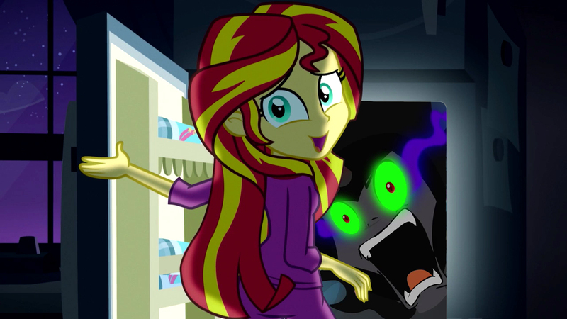 Size: 1280x720 | Tagged: semi-grimdark, derpibooru import, edit, edited screencap, screencap, king sombra, sunset shimmer, equestria girls, rainbow rocks, the crystal empire, exploitable meme, meme, pinkie's refrigerator, refrigerator