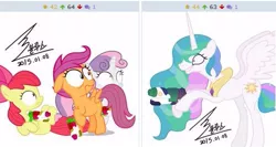 Size: 497x264 | Tagged: apple bloom, cutie mark crusaders, derpibooru, derpibooru import, exploitable meme, juxtaposition, juxtaposition win, meme, meta, princess celestia, safe, scootaloo, sweetie belle