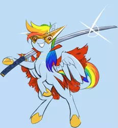 Size: 1195x1293 | Tagged: artist:registered111, cape, clothes, crossover, derpibooru import, glasses, grin, kamina, katana, lens flare, rainbow dash, safe, solo, sword, tengen toppa gurren lagann, unshorn fetlocks, weapon