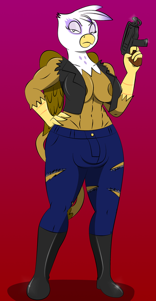 Size: 1670x3217 | Tagged: questionable, artist:americananomaly, derpibooru import, gilda, anthro, gryphon, abs, breasts, busty gilda, clothes, crotch bulge, futa, futa gilda, gun, intersex, jacket, jeans, muscles, nipples, nudity, pants, partial nudity, ripped jeans, skorpion, solo, solo futa, submachinegun, vest, vz 61 skorpion