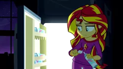 Size: 1280x720 | Tagged: safe, derpibooru import, edit, edited screencap, screencap, sunset shimmer, equestria girls, rainbow rocks, clothes, exploitable meme, inverted mouth, meme, pajamas, pinkie's refrigerator, solo, template, whipped cream