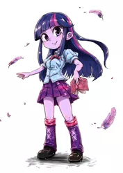 Size: 1518x2150 | Tagged: safe, artist:nazonazopowerfu, derpibooru import, twilight sparkle, equestria girls, blushing, book, boots, bowtie, clothes, feather, female, leg warmers, looking at you, pixiv, shirt, shoes, simple background, skirt, smiling, solo, white background