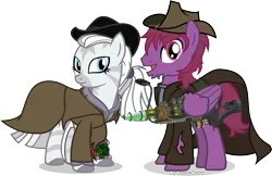 Size: 4881x3156 | Tagged: safe, artist:vector-brony, derpibooru import, oc, oc:crystal eclair, oc:tooty fruity, unofficial characters only, pegasus, pony, zebra, fallout equestria, fallout equestria: influx, fanfic, battle saddle, clothes, coat, cowboy hat, dashite, energy weapon, fanfic art, female, gun, hat, hooves, magical energy weapon, male, mare, open mouth, pipbuck, plasma rifle, ponytail, simple background, smiling, stallion, stetson, tootyeclair, transparent background, vector, weapon, western, wings