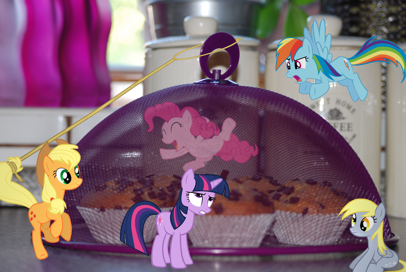 Size: 3872x2592 | Tagged: safe, artist:bushinio, artist:lilcinnamon, artist:sierraex, artist:tryhardbrony, artist:xrainbowsugar, derpibooru import, applejack, derpy hooves, pinkie pie, rainbow dash, twilight sparkle, pegasus, pony, container, counter, female, irl, jar, lasso, mare, muffin, photo, ponies in real life, vector