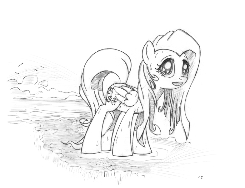 Size: 3148x2408 | Tagged: artist:uminanimu, derpibooru import, fluttershy, monochrome, ocean, safe, solo, wet, wet mane