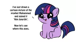 Size: 1194x668 | Tagged: crossing the line twice, derpibooru import, exploitable meme, filly twilight sparkle, filly twilight telling an offensive joke, islam, kim jong-un, korea, meme, muhammad, north korea, obligatory pony, oh crap, safe, this will not end well, twilight sparkle, xk-class end-of-the-world scenario