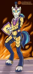 Size: 1000x2209 | Tagged: anthro, armor, artist:smudge proof, codpiece, fire, patreon, patreon logo, safe, shield, shining armor, sketch, sword, unguligrade anthro, unshorn fetlocks