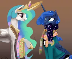 Size: 3000x2500 | Tagged: safe, artist:silfoe, derpibooru import, princess celestia, princess luna, alicorn, pony, royal sketchbook, clothes, cross-eyed, duo, female, frown, looking at each other, magic, mare, open mouth, puffy cheeks, raised hoof, scarf, sisters, sitting, smiling, squishy cheeks, sweater, telekinesis