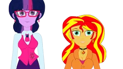 Size: 1366x768 | Tagged: safe, derpibooru import, sci-twi, sunset shimmer, twilight sparkle, equestria girls, choker, older, principal shimmer, simple background, transparent background, vector, vice principal sparkle