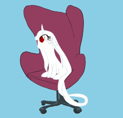 Size: 524x500 | Tagged: safe, artist:celerypony, derpibooru import, edit, oc, oc:celery, unofficial characters only, pony, unicorn, animated, blue background, chair, cute, female, filly, floppy ears, i have done nothing productive all day, long mane, long tail, open mouth, simple background, sitting, smiling, solo, spinning