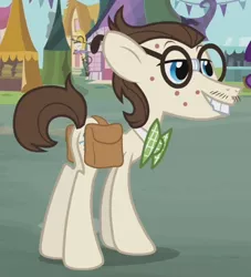 Size: 382x421 | Tagged: safe, derpibooru import, screencap, gizmo, earth pony, pony, putting your hoof down, acne, background pony, bowtie, bucktooth, cropped, glasses, gyro, male, saddle bag, solo, stallion, zit