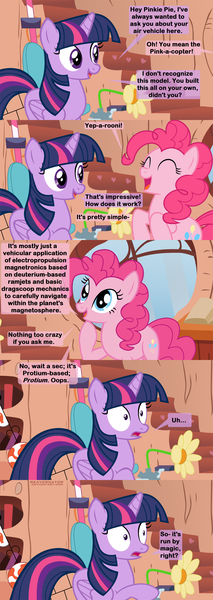 Size: 1120x3150 | Tagged: safe, artist:beavernator, derpibooru import, pinkie pie, twilight sparkle, twilight sparkle (alicorn), alicorn, pony, comic, female, flying contraption, golden oaks library, helicopter, magic, mare, pedalcopter, shock, shocked, technobabble