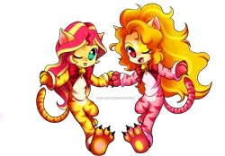 Size: 3666x2555 | Tagged: safe, artist:jacky-bunny, derpibooru import, adagio dazzle, sunset shimmer, equestria girls, rainbow rocks, :p, adoragio, bell, bow, catsuit, claws, clothes, cute, fangs, nyanset shimmer, open mouth, pajamas, paws, ribbon, shimmerbetes, tiger stripes, tongue out, wink