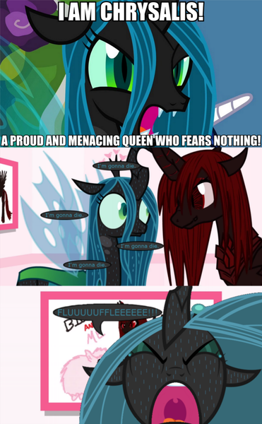 Size: 845x1366 | Tagged: changeling, comic, crying, drama bait, edited edit, fear, image macro, irony, meme, oc, oc:marksaline, panic, queen chrysalis, safe, screaming, sweat, tumblr:ask fluffle puff, whining