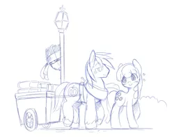 Size: 900x708 | Tagged: safe, artist:ende26, derpibooru import, big macintosh, cheerilee, earth pony, pony, book, cart, cheerimac, crossover, heart, konami, lamppost, male, metal gear, monochrome, shipping, solid snake, stallion, straight