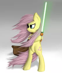 Size: 1280x1501 | Tagged: safe, artist:marsminer, derpibooru import, fluttershy, pony, bipedal, carrot, cloak, clothes, flutterbadass, food, hoof hold, jedi, lightsaber, star wars