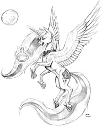 Size: 1100x1370 | Tagged: safe, artist:baron engel, derpibooru import, princess luna, alicorn, pony, female, flying, grayscale, hoof shoes, literal, magic, mare, monochrome, moon, moonshine, pencil drawing, peytral, solo, telekinesis, traditional art