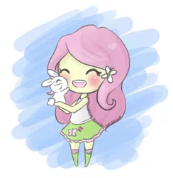 Size: 500x513 | Tagged: safe, artist:theuntouchedmilk, derpibooru import, angel bunny, fluttershy, equestria girls, blushing, chibi, cute, eyes closed, female, happy, hug, open mouth, shyabetes, smiling, solo