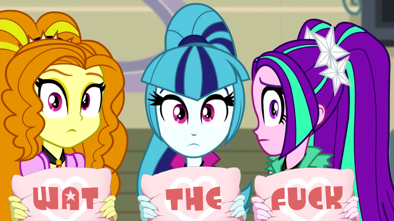 Size: 1280x720 | Tagged: safe, derpibooru import, edit, edited screencap, screencap, adagio dazzle, aria blaze, sonata dusk, equestria girls, rainbow rocks, frown, looking at you, meme, pillow, reaction image, the dazzlings, vulgar, wallpaper, wat, wtf, yes pillow