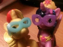 Size: 1280x960 | Tagged: safe, derpibooru import, official, sunset shimmer, twilight sparkle, twilight sparkle (alicorn), alicorn, pony, 1000 shots to get the perfect photograph, accessory swap, blind bag, female, irl, mare, photo, toy