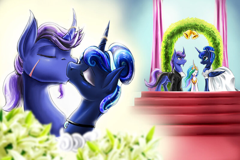 Size: 1024x683 | Tagged: safe, artist:d-lowell, derpibooru import, princess celestia, princess luna, oc, oc:azure night, azuna, canon x oc, clothes, curved horn, dress, eye contact, eyes closed, eyeshadow, facial hair, female, goatee, horn ring, jewelry, kissing, makeup, male, necklace, scar, shipping, smiling, straight, wedding, wedding dress, wedding ring