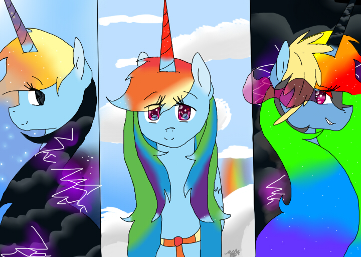 Size: 720x512 | Tagged: safe, artist:mlpfimcp, derpibooru import, rainbow dash, alicorn, pony, alicornified, race swap, rainbowcorn, space, storm