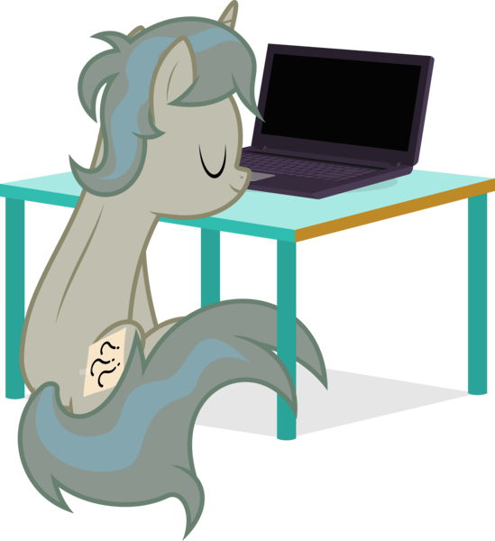 Size: 6400x6998 | Tagged: safe, artist:parclytaxel, derpibooru import, oc, oc:absent mind, unofficial characters only, pony, unicorn, .svg available, absurd resolution, blank flank, computer, disguise, laptop computer, simple background, sitting, sleeping, solo, sticky note, table, transparent background, vector