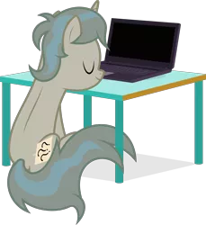 Size: 6400x6998 | Tagged: safe, artist:parclytaxel, derpibooru import, oc, oc:absent mind, unofficial characters only, pony, unicorn, .svg available, absurd resolution, blank flank, computer, disguise, laptop computer, simple background, sitting, sleeping, solo, sticky note, table, transparent background, vector