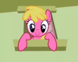 Size: 600x480 | Tagged: background pony, c:, cherry berry, cherrybetes, cute, derpibooru import, edit, edited screencap, leaning, looking at you, looking down, safe, screencap, smiling, solo, the mysterious mare do well, window