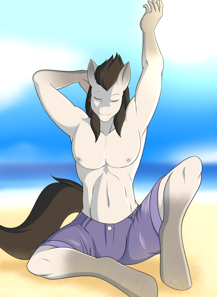 Size: 3300x4500 | Tagged: anthro, armpits, artist:marik azemus34, bare chest, beach, clothes, derpibooru import, male, oc, oc:forged steel, solo, solo male, suggestive, topless, unguligrade anthro, unofficial characters only