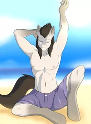 Size: 3300x4500 | Tagged: anthro, armpits, artist:marik azemus34, bare chest, beach, clothes, derpibooru import, male, oc, oc:forged steel, solo, solo male, suggestive, topless, unguligrade anthro, unofficial characters only