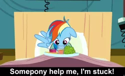 Size: 1600x973 | Tagged: safe, derpibooru import, edit, edited screencap, screencap, rainbow dash, pegasus, pony, read it and weep, adorable distress, bandage, bed, bronybait, caption, cs captions, cute, dashabetes, female, floppy ears, food, glass, hospital, mare, silly, silly pony, solo, stuck