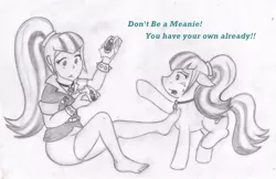 Size: 1730x1121 | Tagged: safe, artist:poseidonathenea, derpibooru import, sonata dusk, equestria girls, barefoot, crying, feet, human ponidox, image macro, meme, monochrome, pencil drawing, simple background, sonataco, taco, traditional art