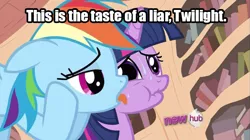 Size: 607x340 | Tagged: safe, derpibooru import, edit, edited screencap, screencap, rainbow dash, twilight sparkle, :t, all new, bedroom eyes, bruno buccellati, floppy ears, giorno giovanna, image macro, jojo's bizarre adventure, licking, meme, nervous, no homo, not gay, open mouth, scrunchy face, sweat, text, the taste of a liar, tongue out, vento aureo
