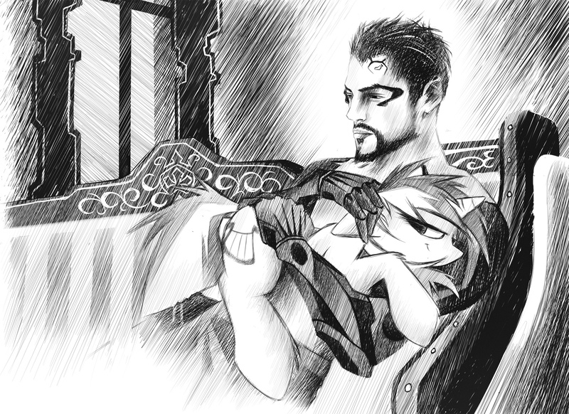 Size: 2000x1455 | Tagged: safe, artist:kejifox, derpibooru import, lyra heartstrings, human, pony, adam jensen, crossover, deus ex, deus ex: human revolution, holding a pony, monochrome