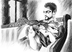 Size: 2000x1455 | Tagged: safe, artist:kejifox, derpibooru import, lyra heartstrings, human, pony, adam jensen, crossover, deus ex, deus ex: human revolution, holding a pony, monochrome