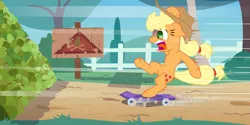 Size: 6000x3000 | Tagged: safe, artist:discorded, derpibooru import, applejack, earth pony, pony, hilarious in hindsight, imminent crash, pear, skateboard, solo