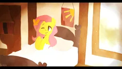 Size: 1280x720 | Tagged: artist:gmrqor, bed, butterfly, cute, derpibooru import, fluttershy, morning, morning ponies, safe, solo