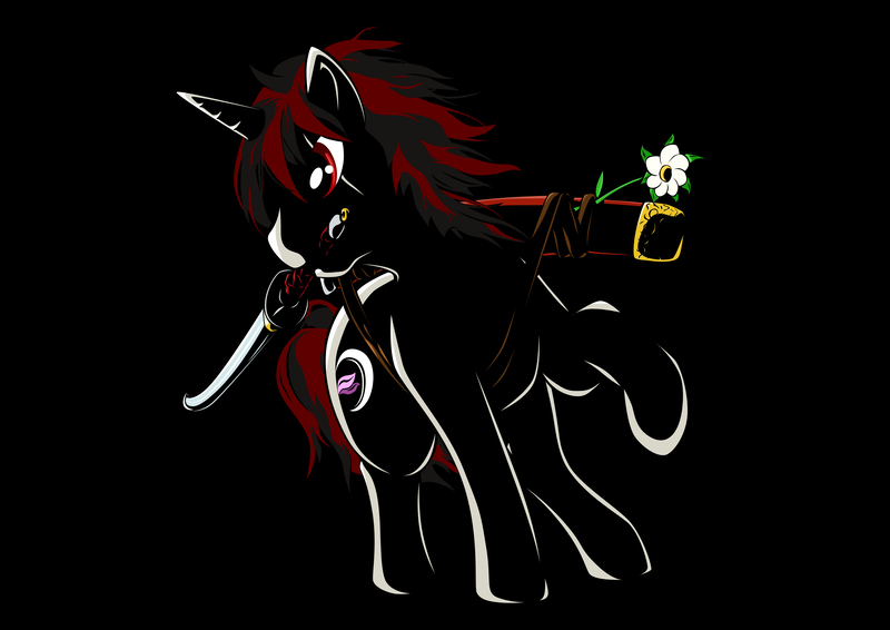 Size: 3508x2480 | Tagged: artist:braukoly, black background, derpibooru import, flower, mouth hold, oc, oc:quick slash, safe, simple background, solo, sword, unofficial characters only